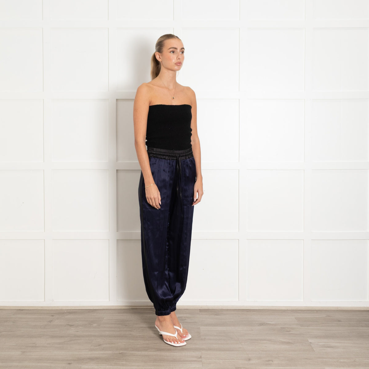 Serena Bute Navy Black Side Stripes Silk Joggers - Image 7