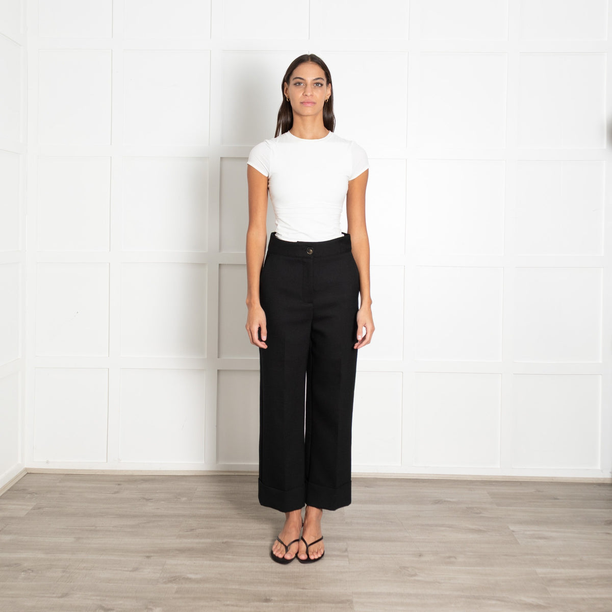 Sezane Black High Waist Button Straight Leg Tailored Trousers - Image 1