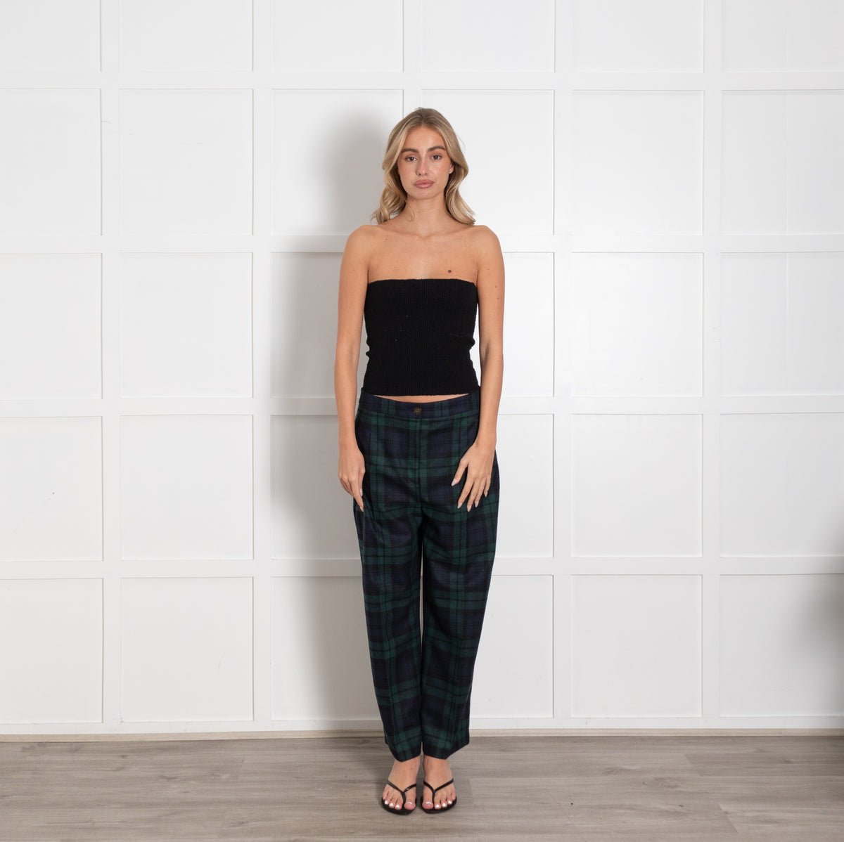 Sezane Green and Navy Martin Crop Checkered Trousers - Image 1