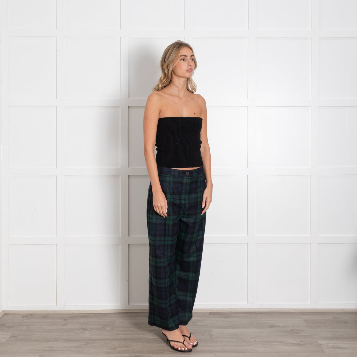 Sezane Green and Navy Martin Crop Checkered Trousers - Image 7