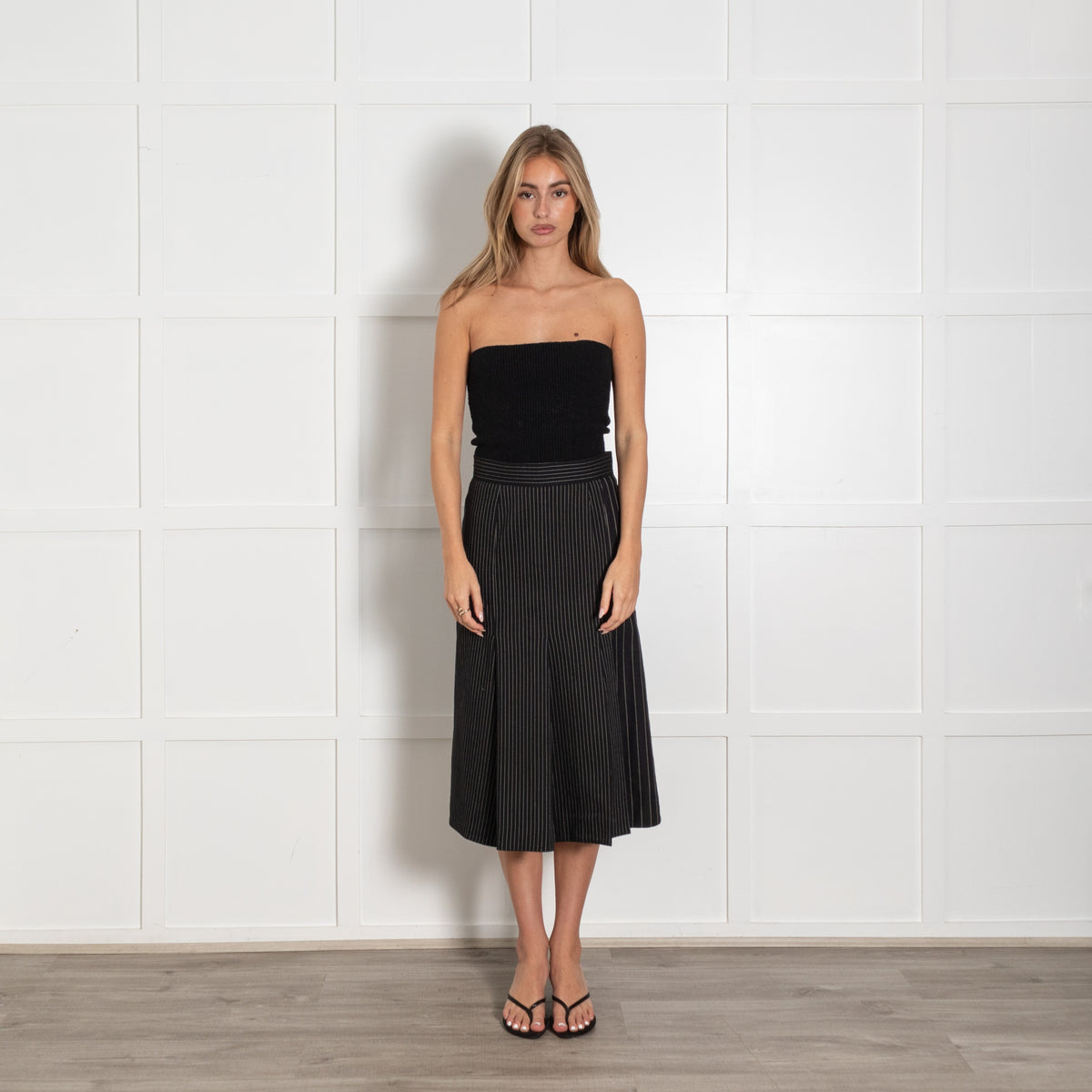 Stella McCartney Black Wool Blend Pinstripe Pleated Midi Skirt - Image 1