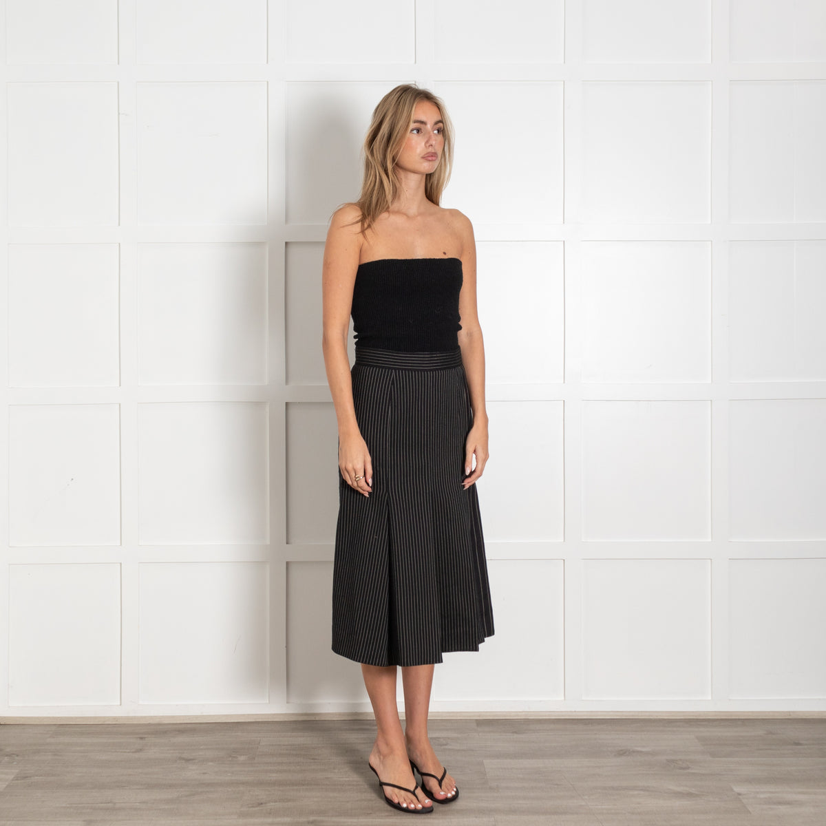 Stella McCartney Black Wool Blend Pinstripe Pleated Midi Skirt - Image 7