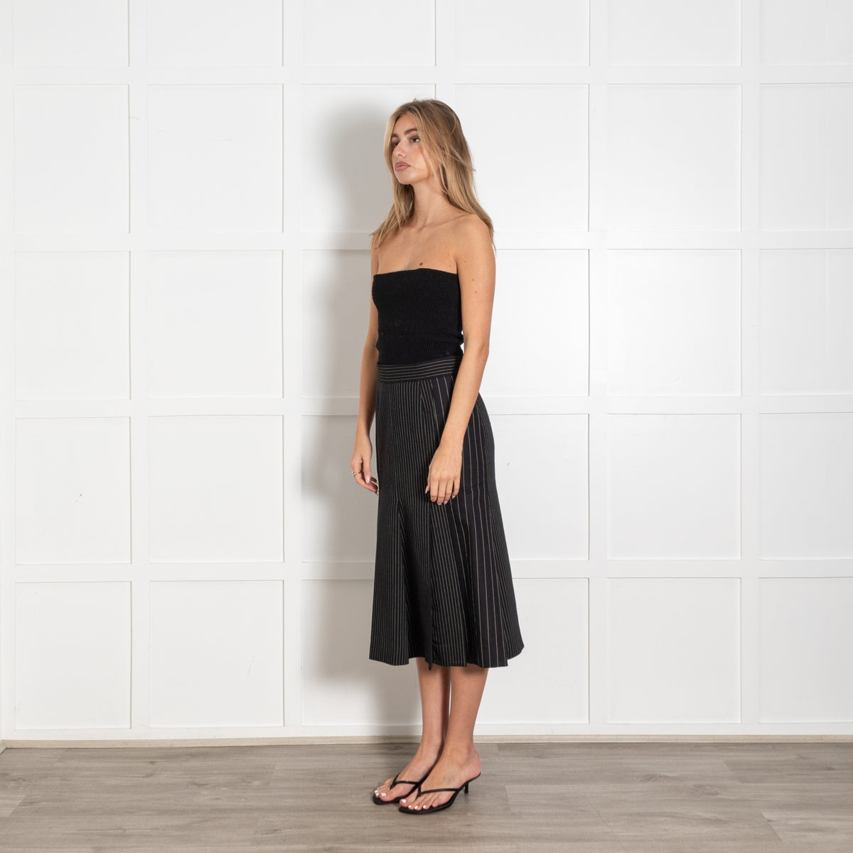 Stella McCartney Black Wool Blend Pinstripe Pleated Midi Skirt - Image 3