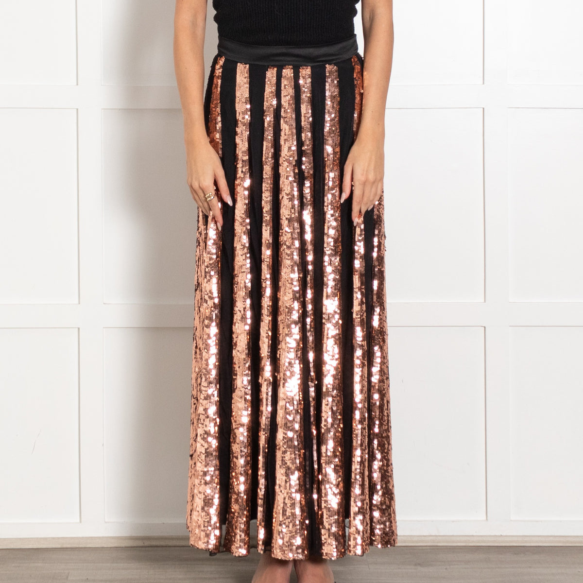 Temperley London Black Rose Gold Sequins Pleated Maxi Skirt - Image 1