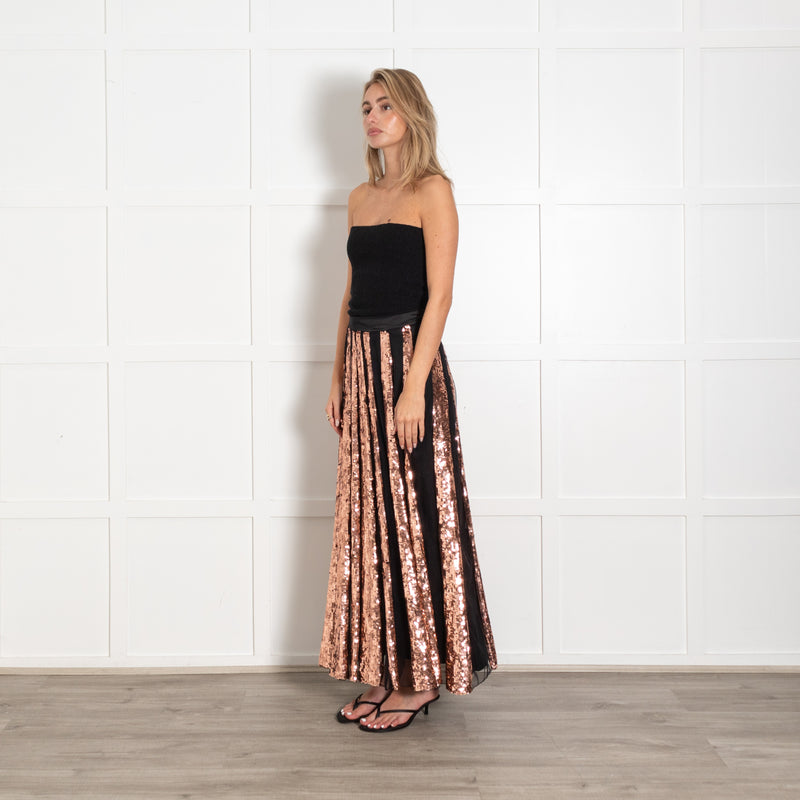 Temperley London Black Rose Gold Sequins Pleated Maxi Skirt - Image 2