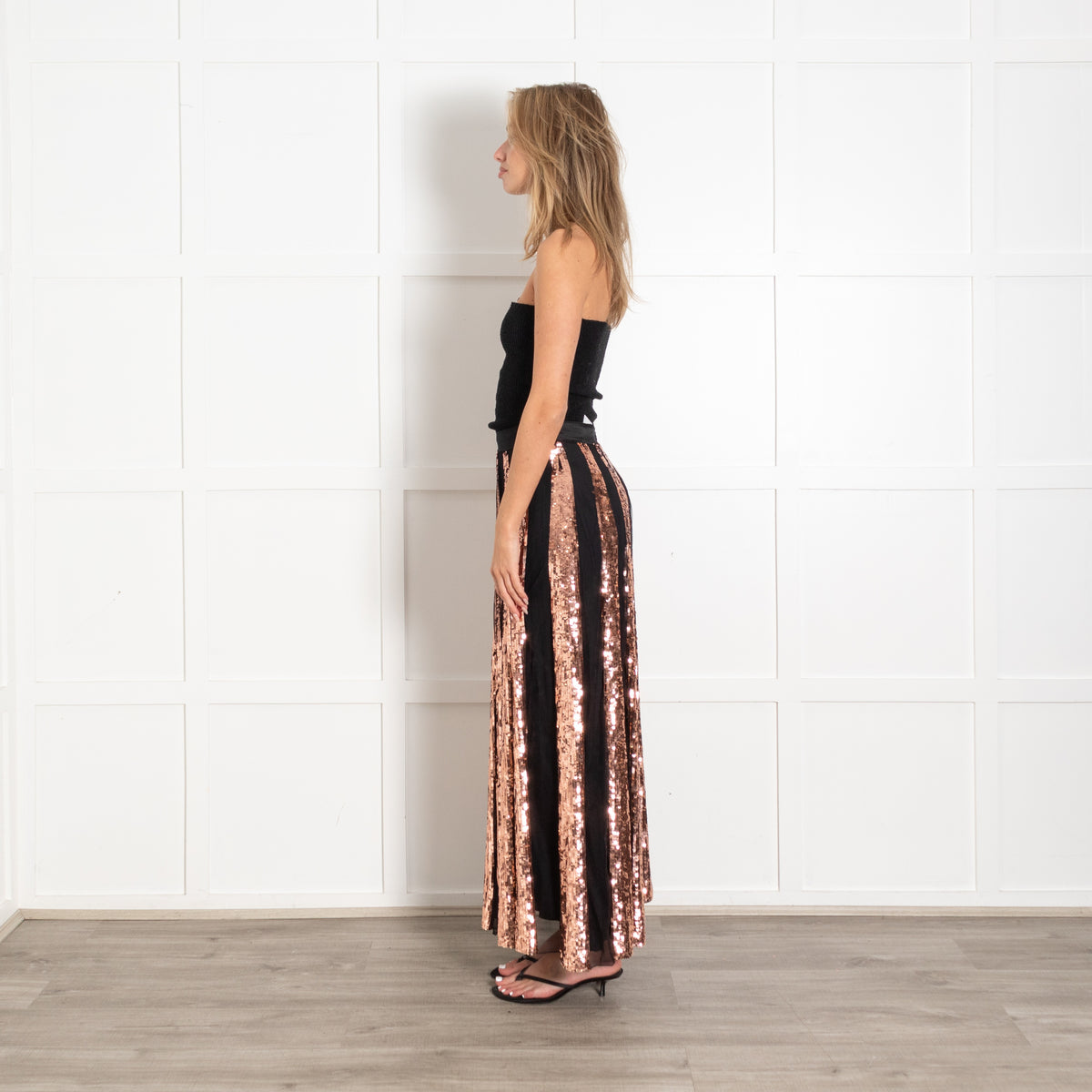 Temperley London Black Rose Gold Sequins Pleated Maxi Skirt - Image 3