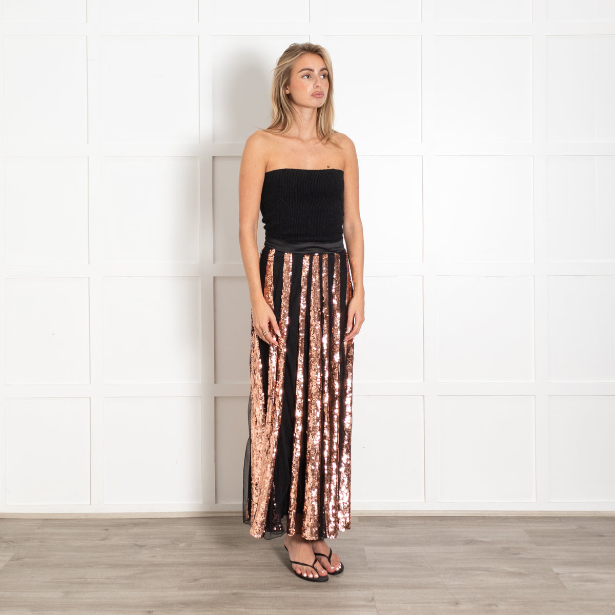Temperley London Black Rose Gold Sequins Pleated Maxi Skirt - Image 6