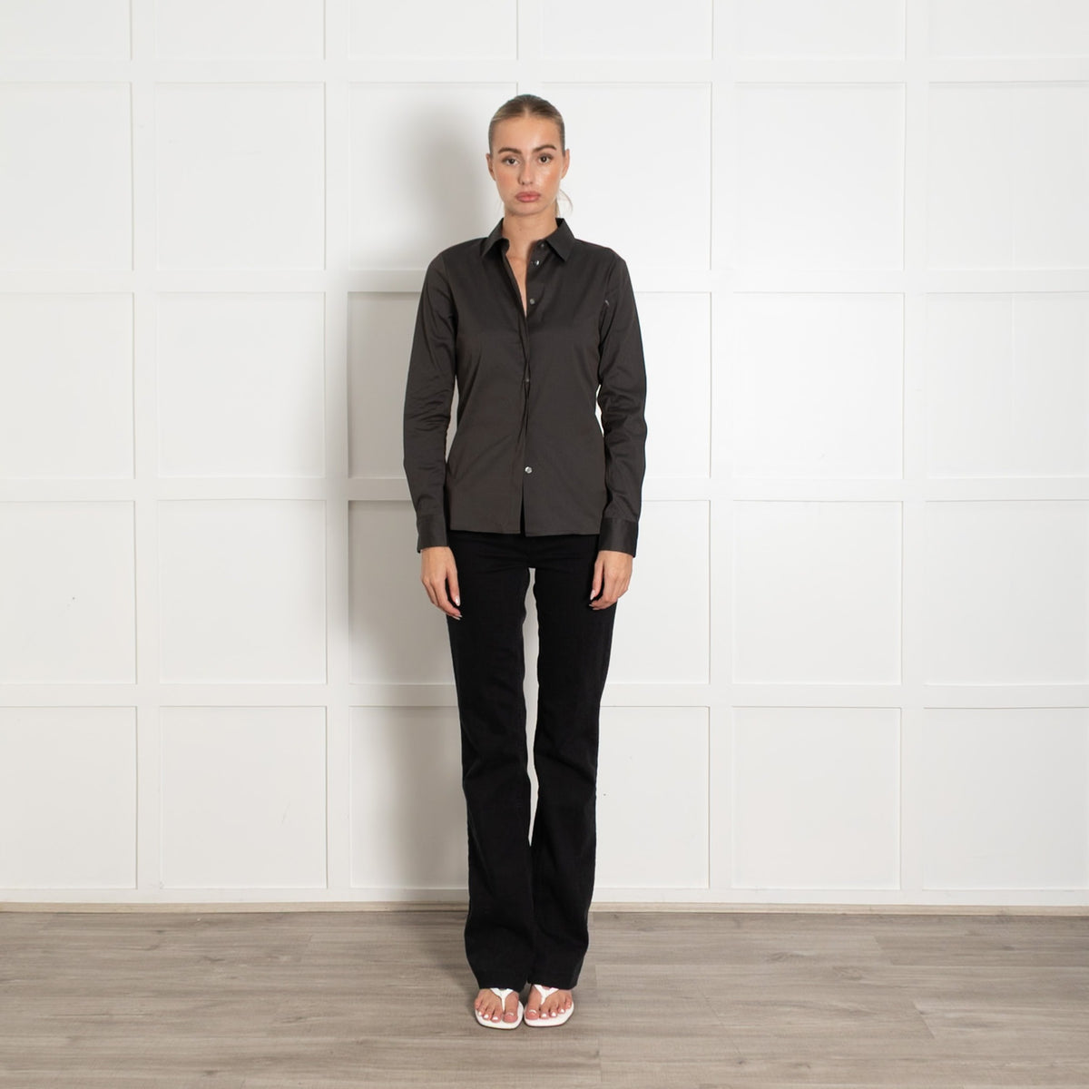Theory Dark Green Cotton Blend Fitted Shirt - Image 1
