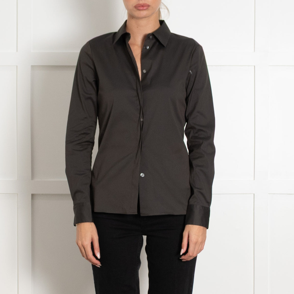 Theory Dark Green Cotton Blend Fitted Shirt - Image 2