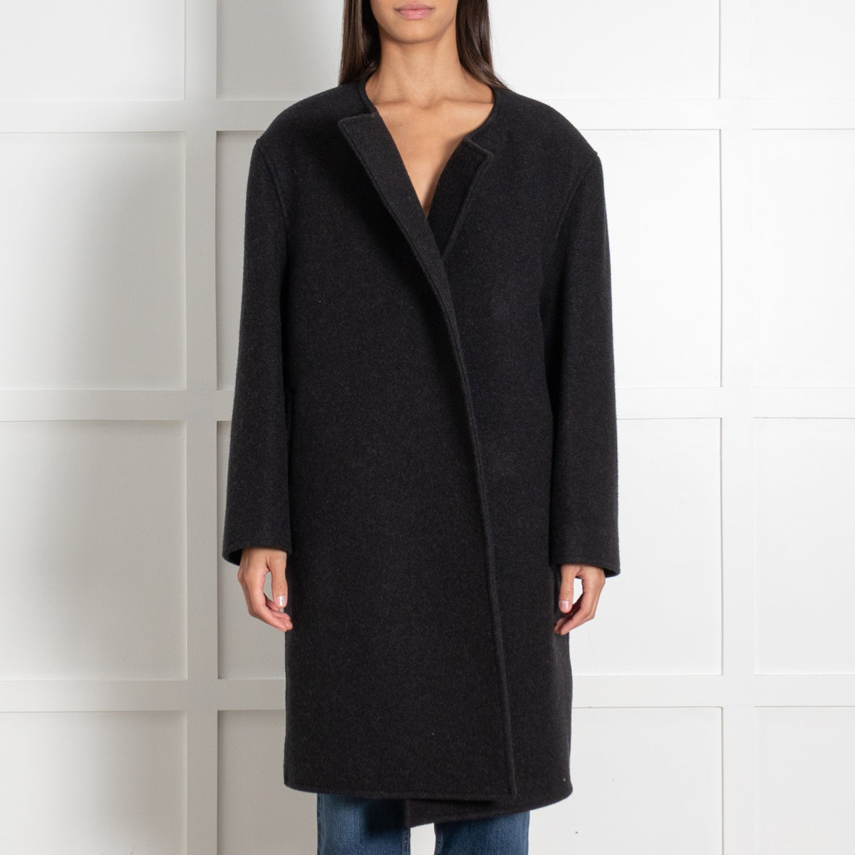 Collarless Felt Charcoal Melange Coat