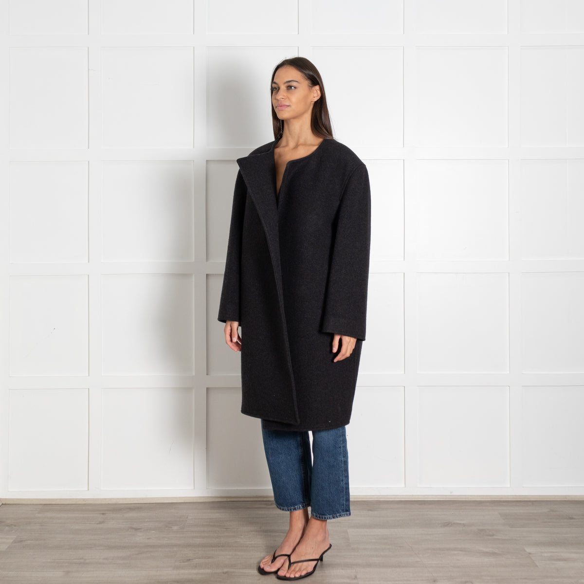 Collarless Felt Charcoal Melange Coat