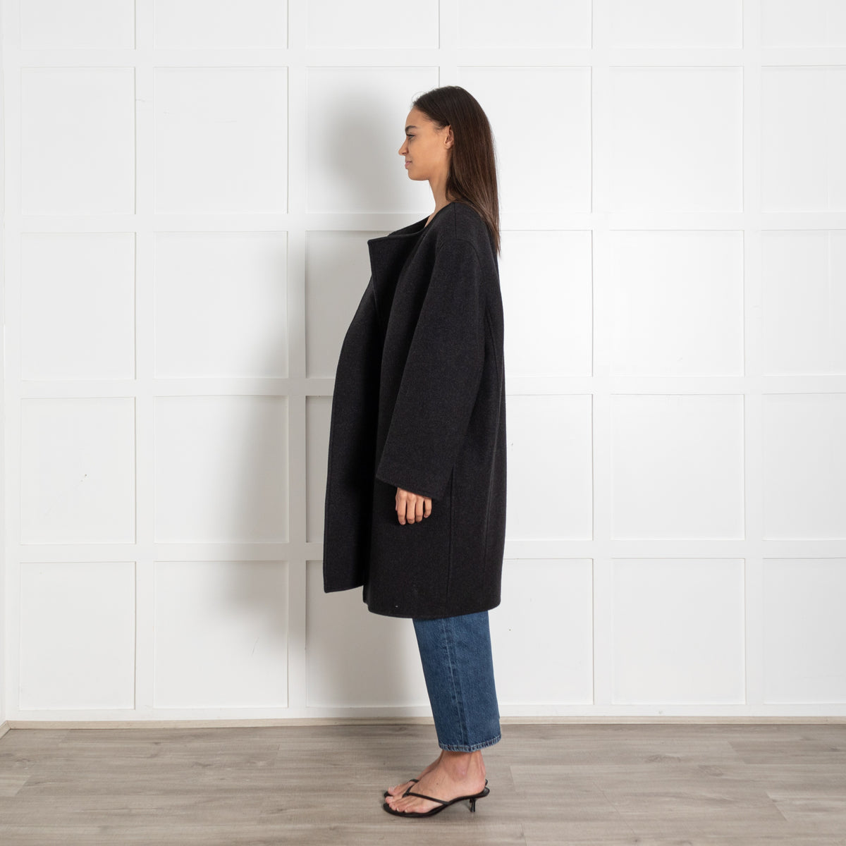 Collarless Felt Charcoal Melange Coat