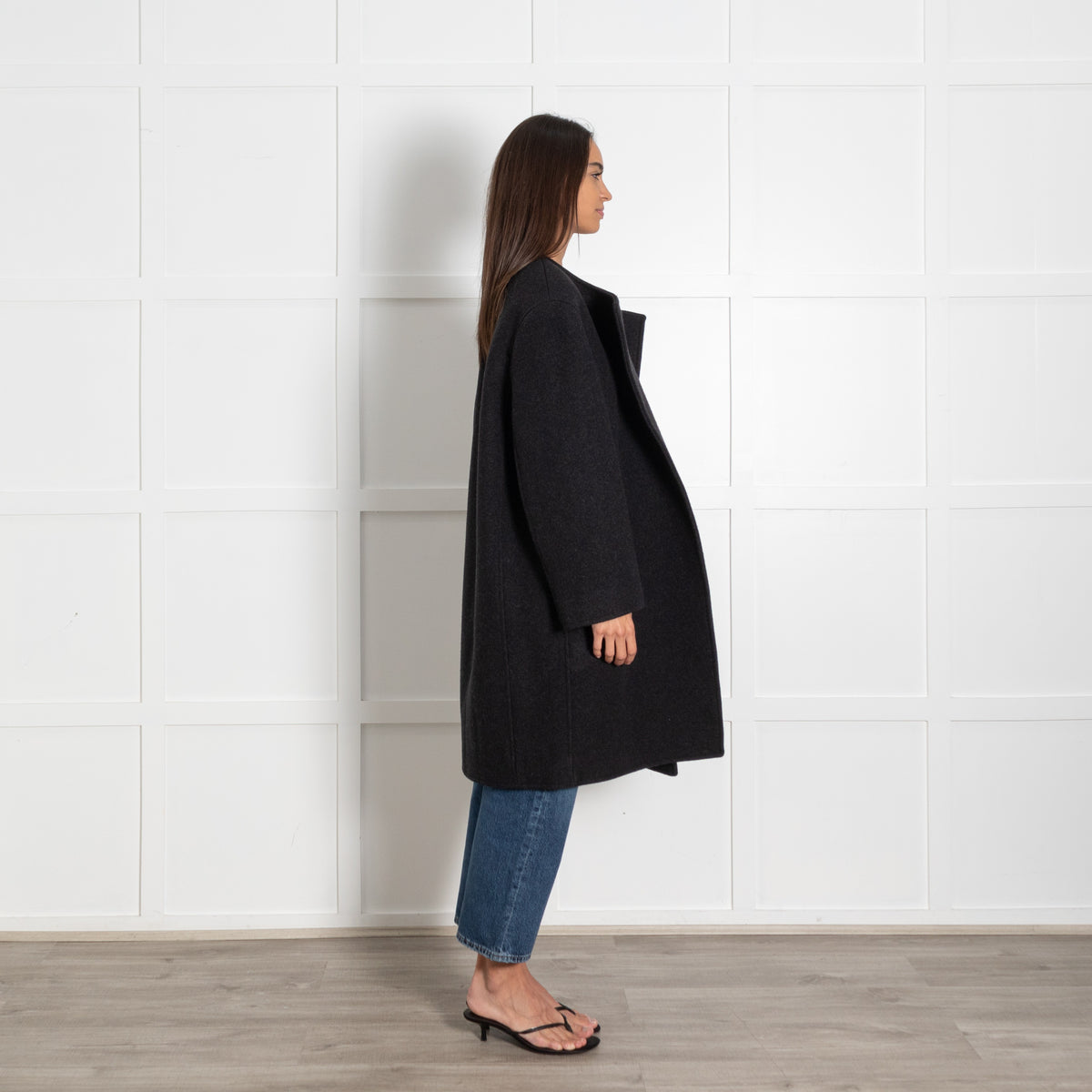 Collarless Felt Charcoal Melange Coat