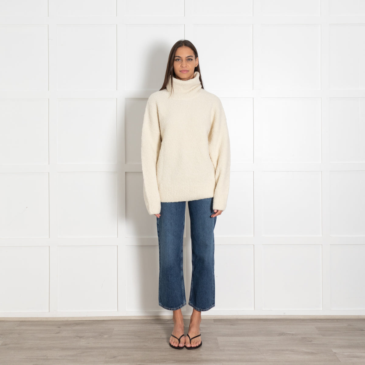 Toteme Cream Boucle Knit Turtleneck Oversized Pullover Sweater