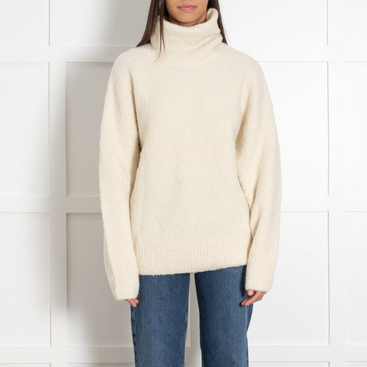 Toteme Cream Boucle Knit Turtleneck Oversized Pullover Sweater