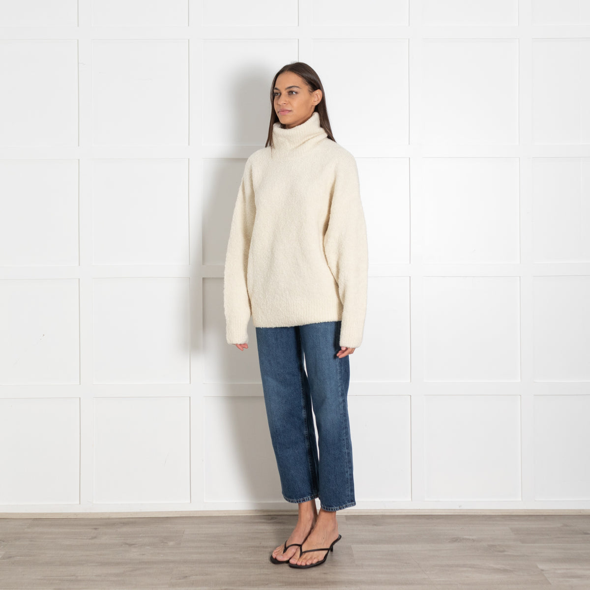 Toteme Cream Boucle Knit Turtleneck Oversized Pullover Sweater