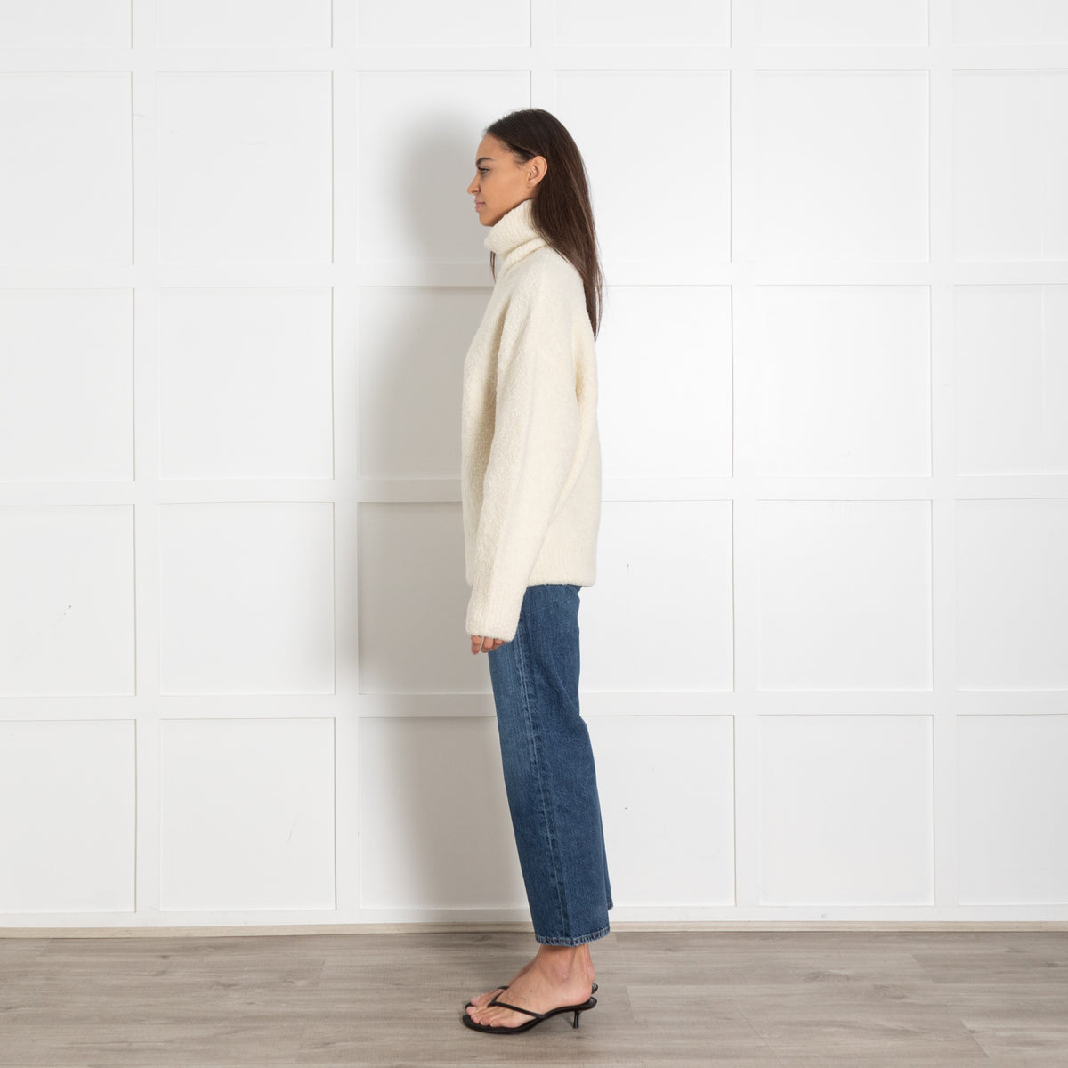 Toteme Cream Boucle Knit Turtleneck Oversized Pullover Sweater