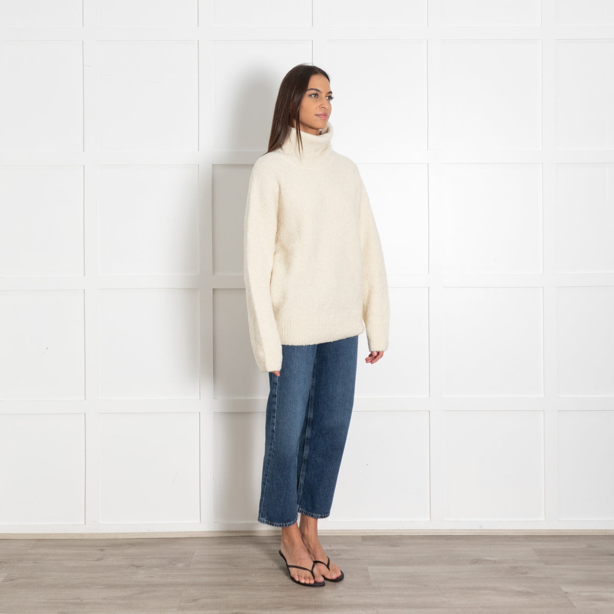 Toteme Cream Boucle Knit Turtleneck Oversized Pullover Sweater