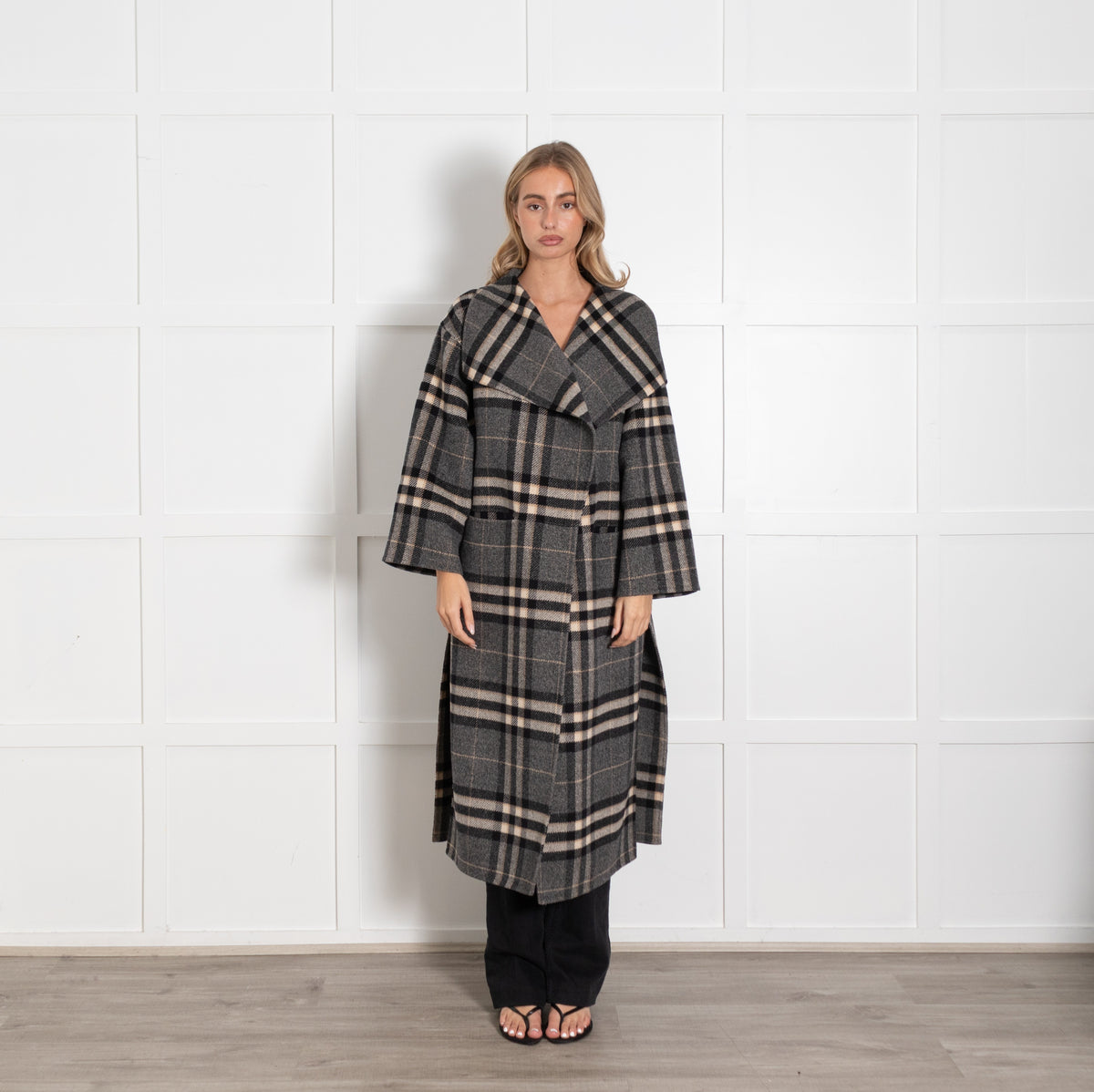 Toteme Grey Black Cream Blanket Checked Side Slit Wool Coat - Image 1