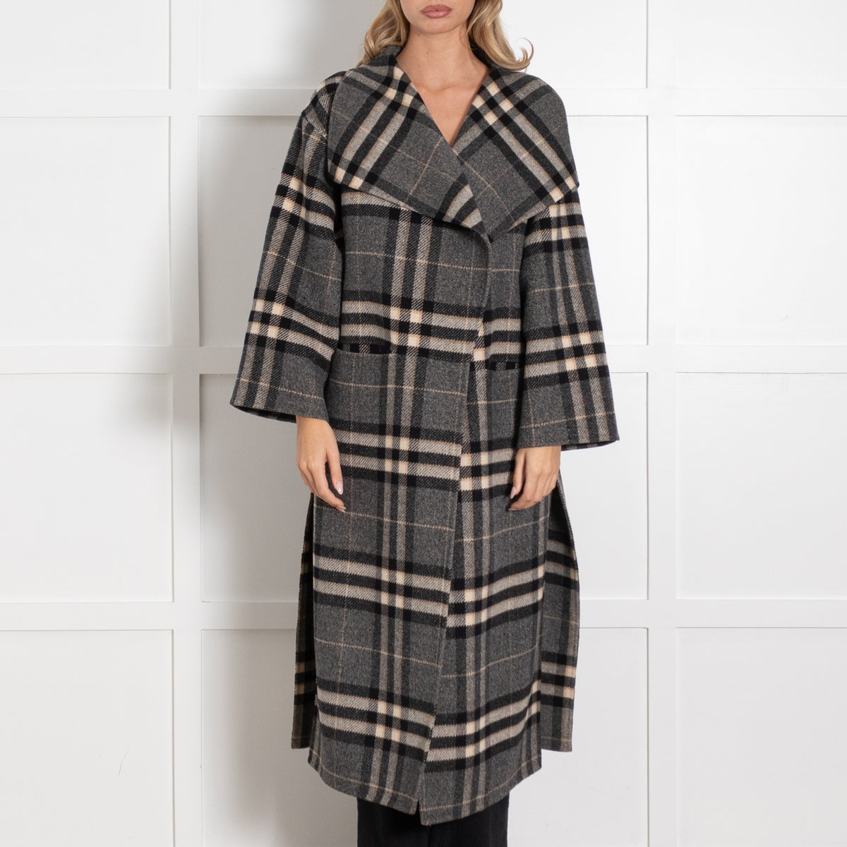 Toteme Grey Black Cream Blanket Checked Side Slit Wool Coat - Image 2
