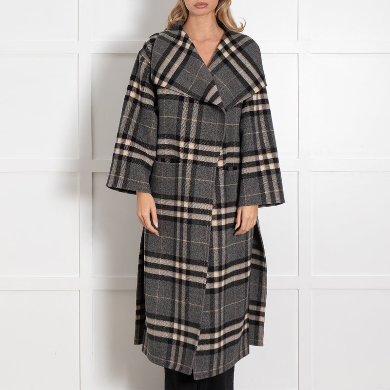 Toteme Grey Black Cream Blanket Checked Side Slit Wool Coat - Image 2