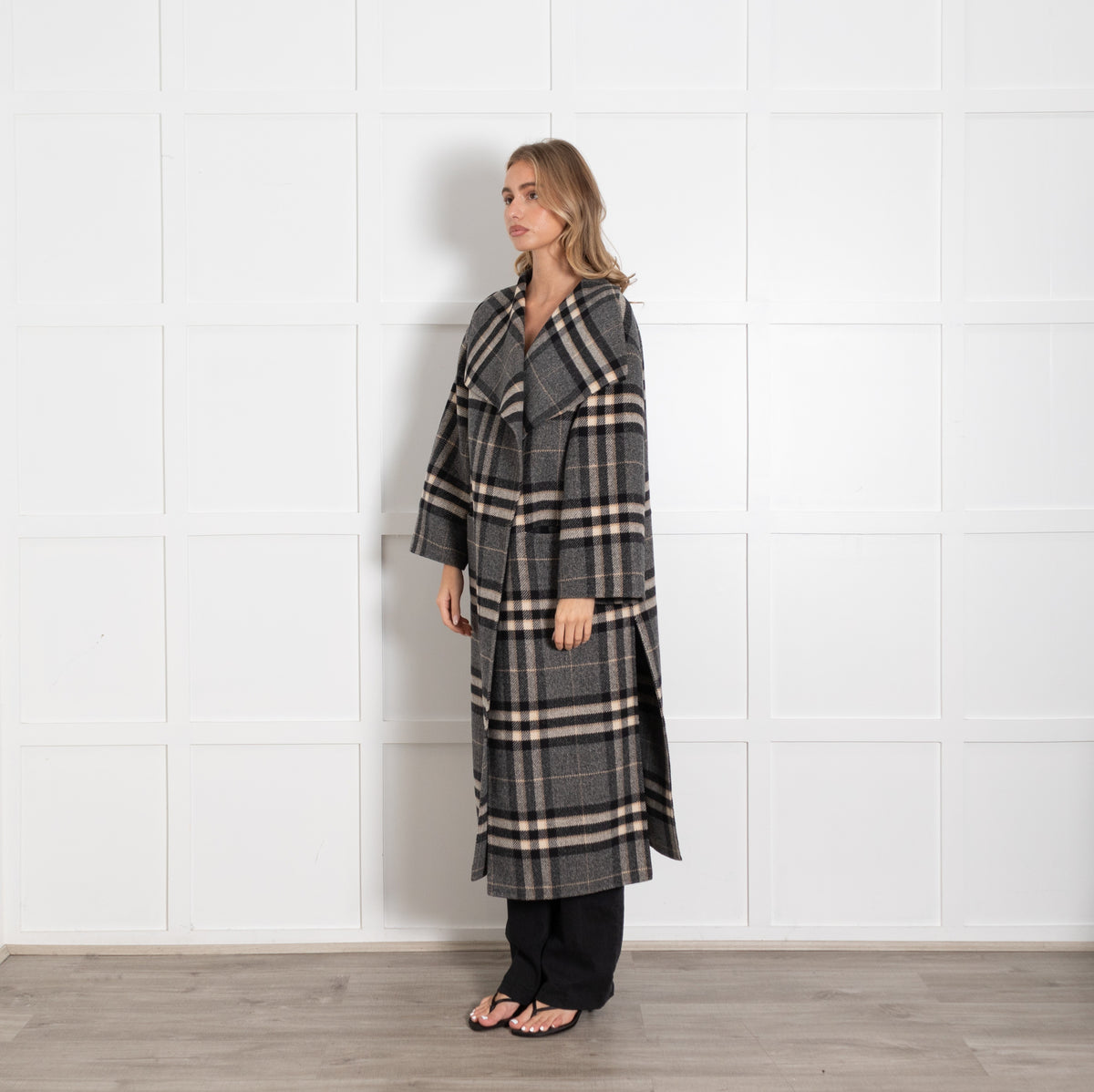 Toteme Grey Black Cream Blanket Checked Side Slit Wool Coat - Image 3