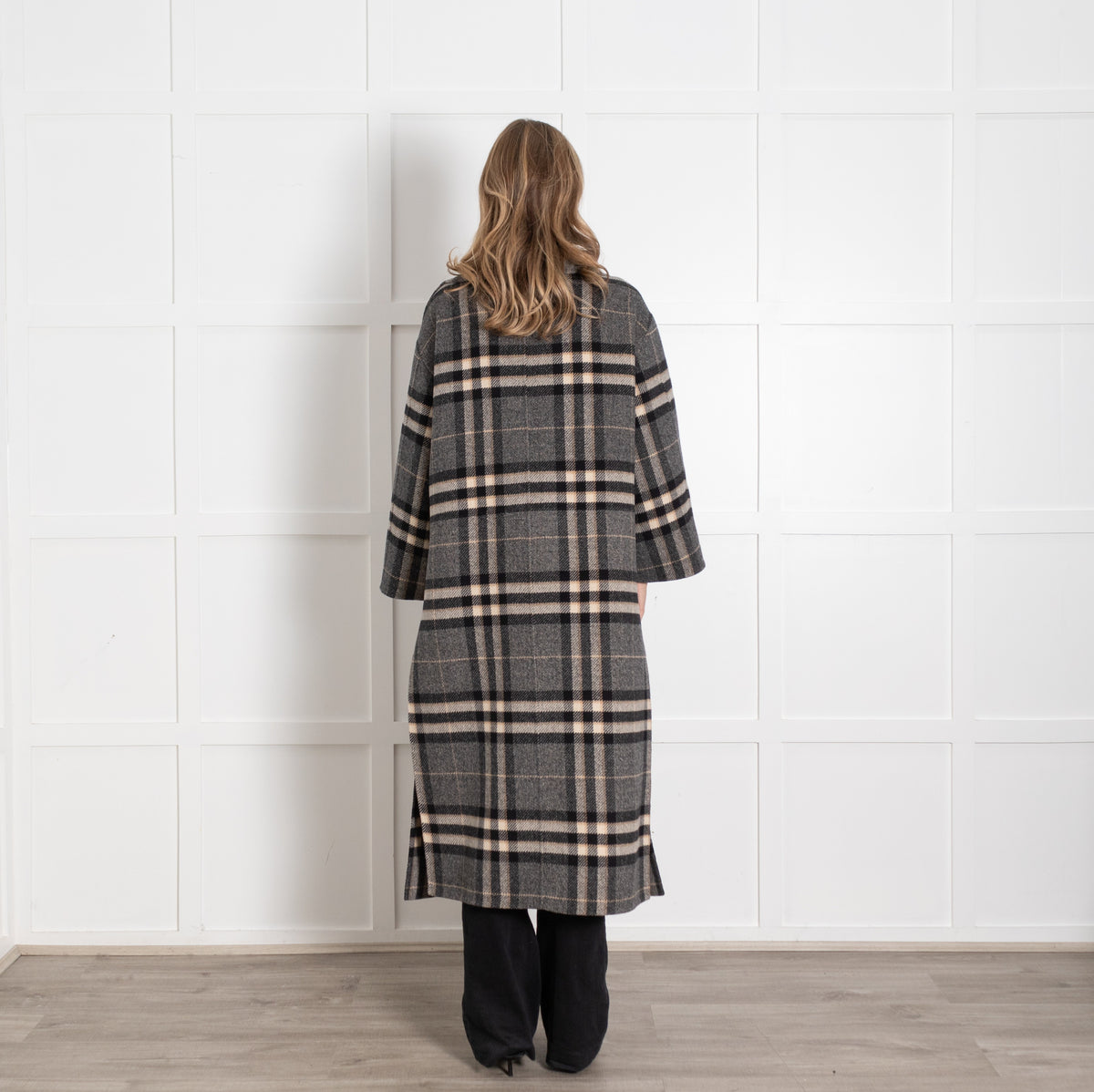 Toteme Grey Black Cream Blanket Checked Side Slit Wool Coat - Image 4