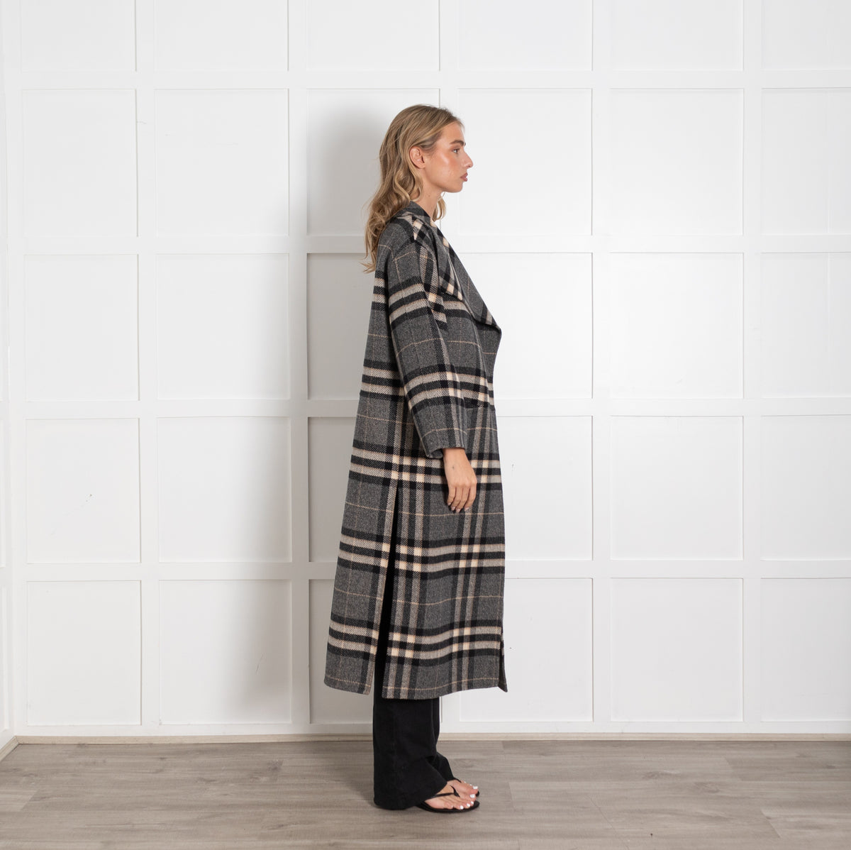 Toteme Grey Black Cream Blanket Checked Side Slit Wool Coat - Image 5