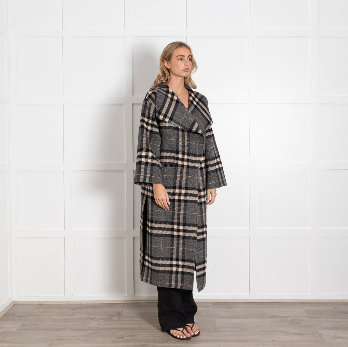 Toteme Grey Black Cream Blanket Checked Side Slit Wool Coat - Image 6