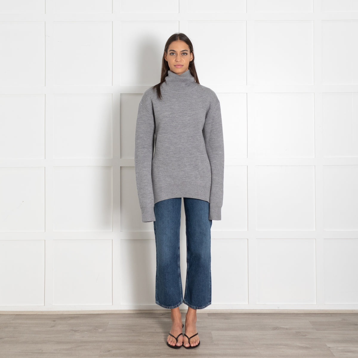 Toteme High-Neck Double Knit Sweater in Pale Grey Melange