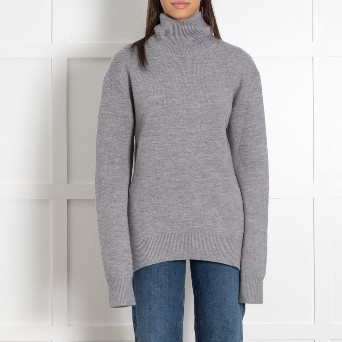 Toteme High-Neck Double Knit Sweater in Pale Grey Melange