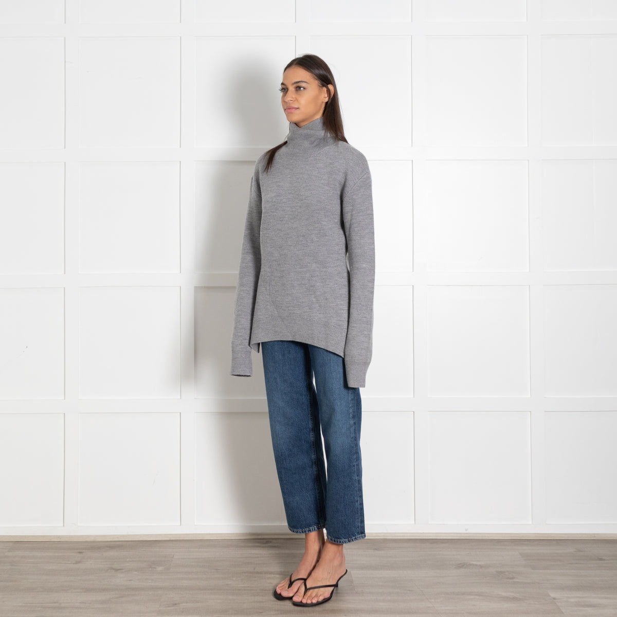 Toteme High-Neck Double Knit Sweater in Pale Grey Melange