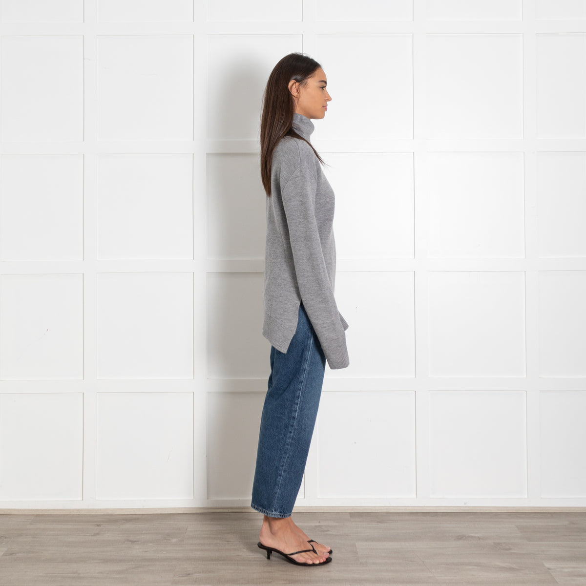 Toteme High-Neck Double Knit Sweater in Pale Grey Melange