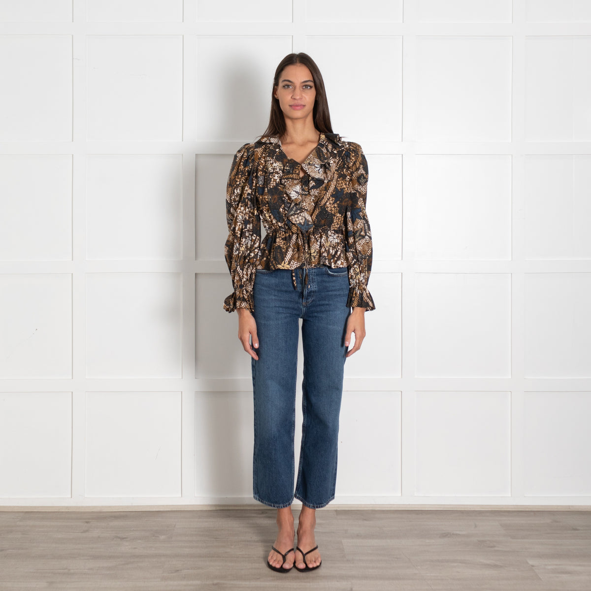 Ulla Johnson Brown Black Patterned Ruffle Collar Top - Image 1