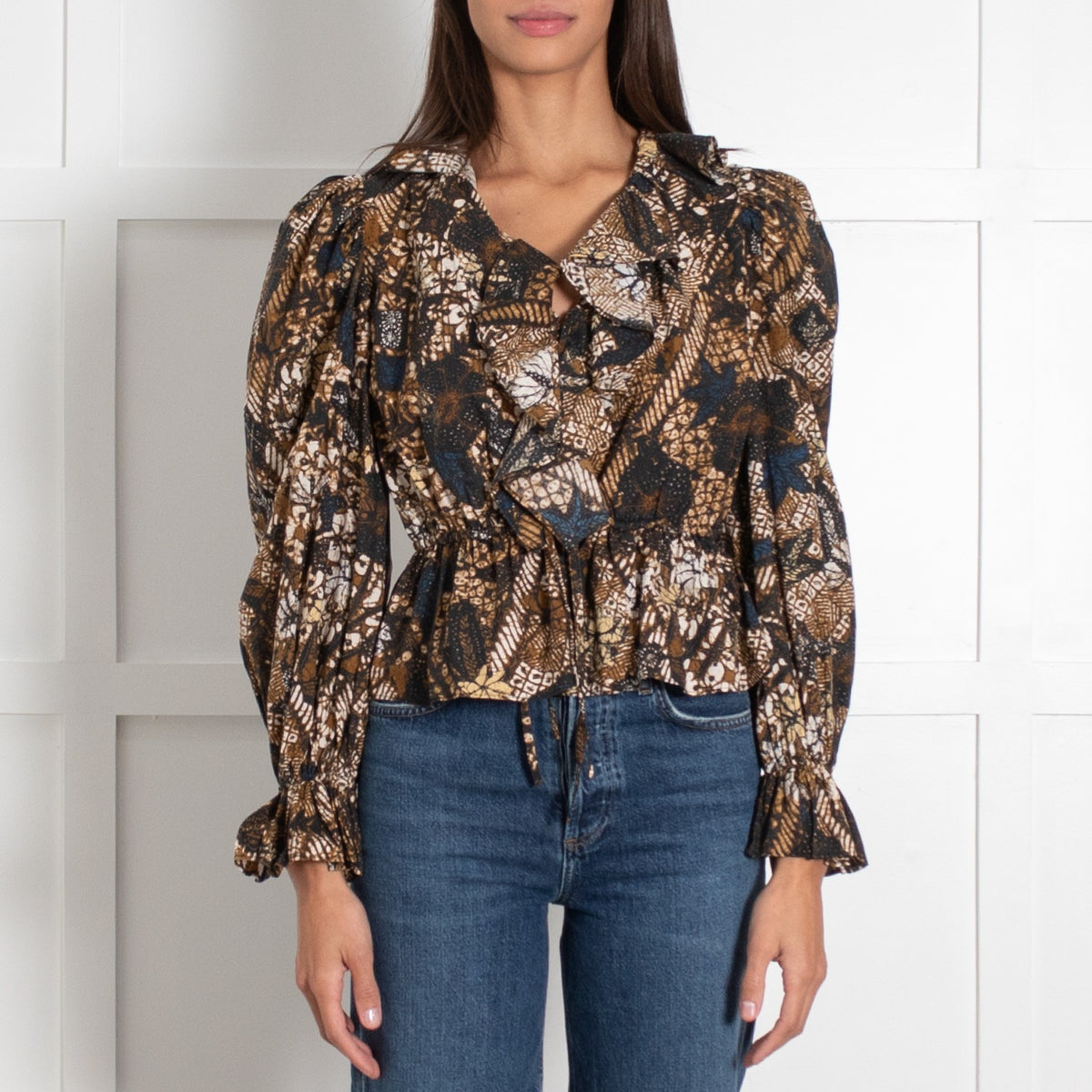 Ulla Johnson Brown Black Patterned Ruffle Collar Top - Image 2