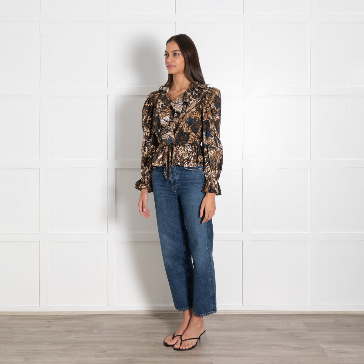 Ulla Johnson Brown Black Patterned Ruffle Collar Top - Image 3