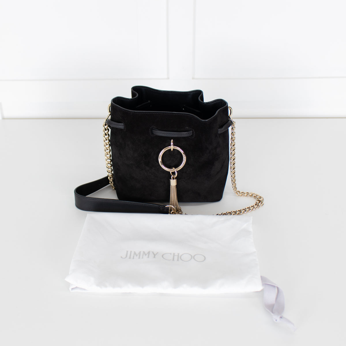 Jimmy Choo Black Suede Bucket Bag with Gold Tassel