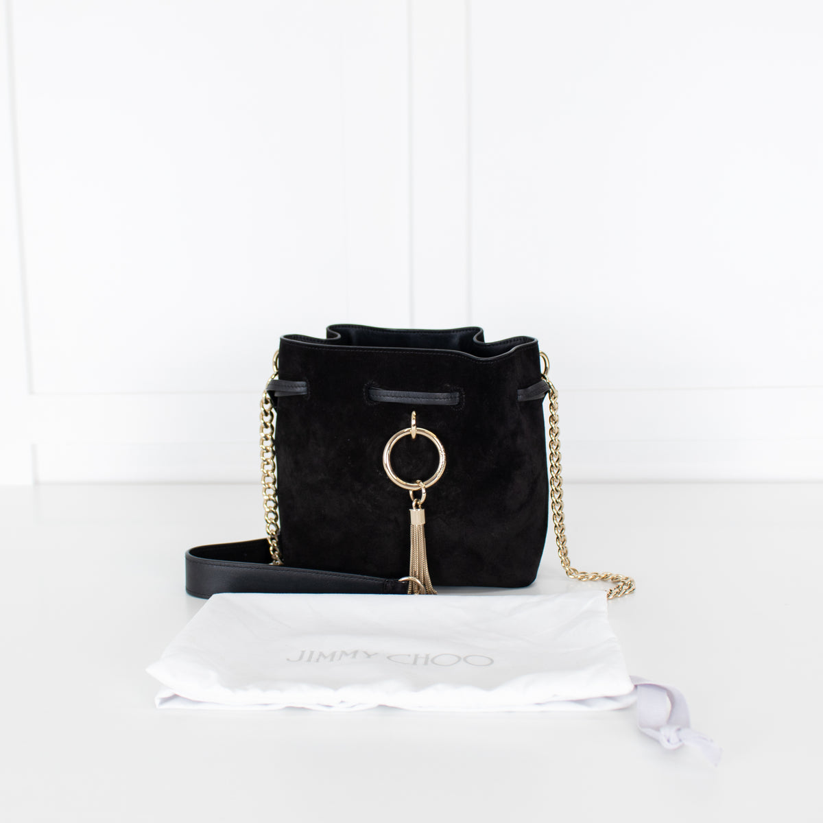 Jimmy Choo Black Suede Bucket Bag with Gold Tassel