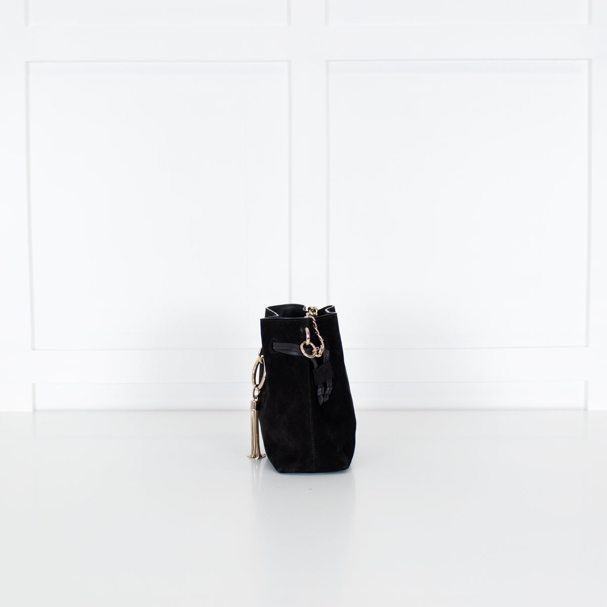 Jimmy Choo Black Suede Bucket Bag with Gold Tassel