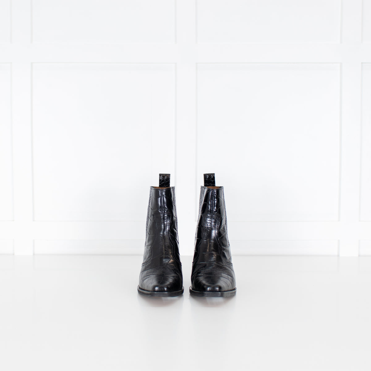 Ganni Black Croc Effect Leather Ankle Cowboy Boots