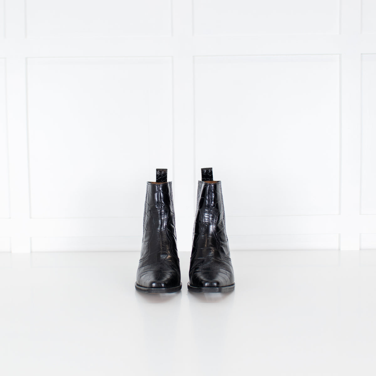 Ganni Black Croc Effect Leather Ankle Cowboy Boots