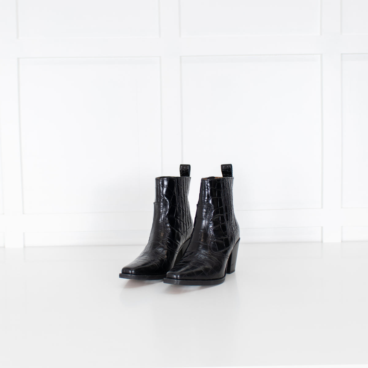 Ganni Black Croc Effect Leather Ankle Cowboy Boots