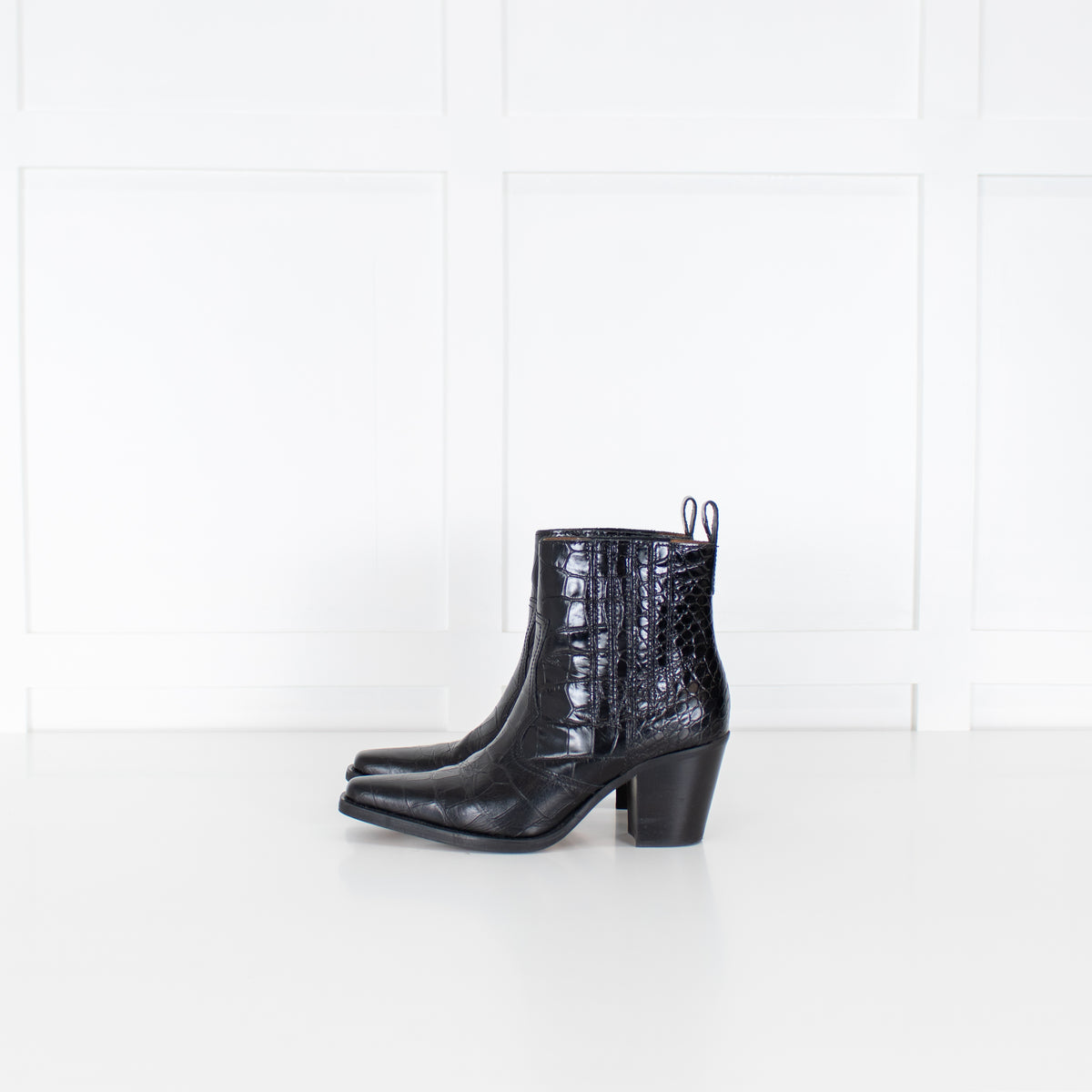 Ganni Black Croc Effect Leather Ankle Cowboy Boots