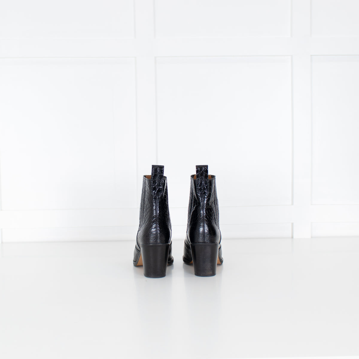 Ganni Black Croc Effect Leather Ankle Cowboy Boots