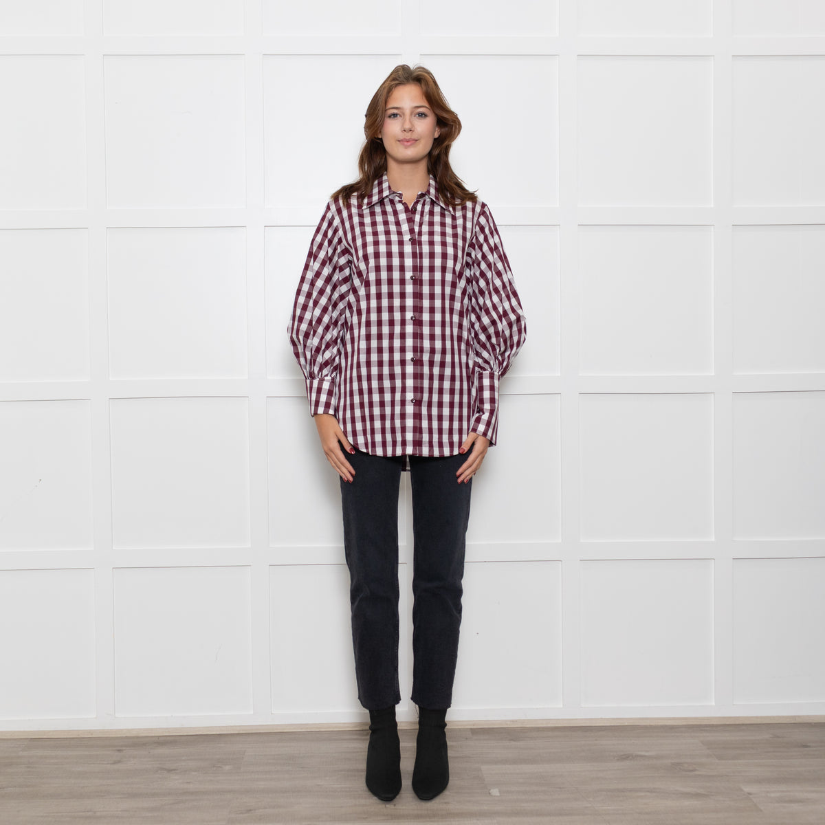 Lee Matthews Burgundy Check Puff Sleeve Shirt