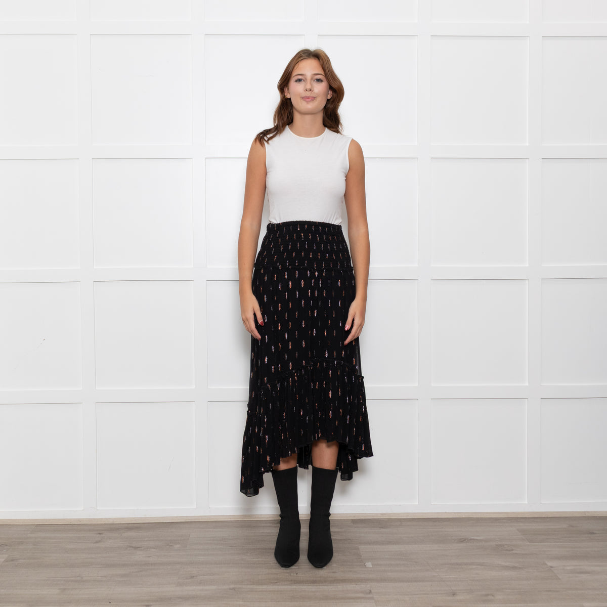 By Iris Black Shirred Waist Black Frill Skirt with Metallic Design