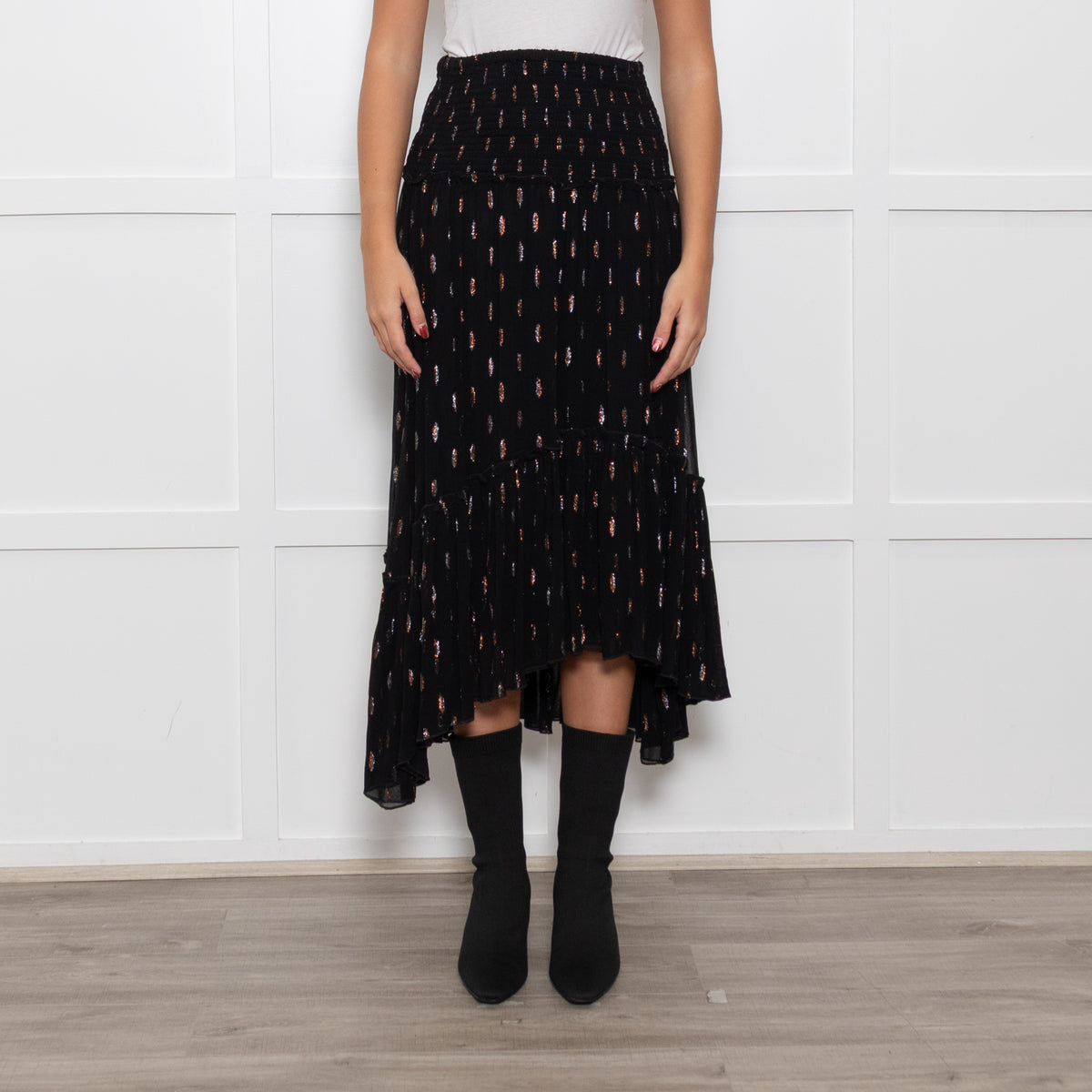 By Iris Black Shirred Waist Black Frill Skirt with Metallic Design