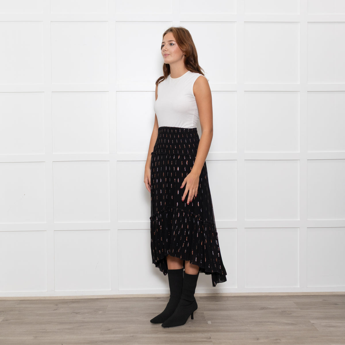 By Iris Black Shirred Waist Black Frill Skirt with Metallic Design