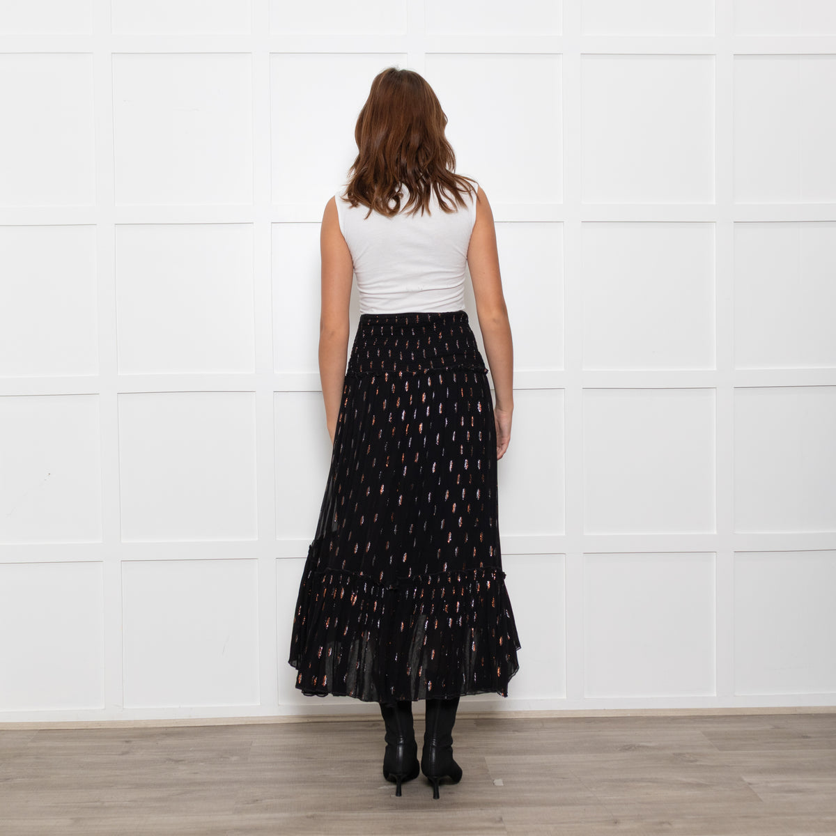 By Iris Black Shirred Waist Black Frill Skirt with Metallic Design