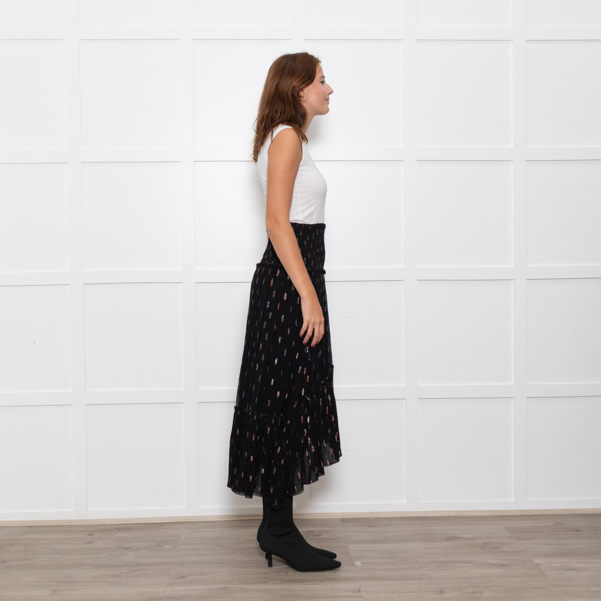 By Iris Black Shirred Waist Black Frill Skirt with Metallic Design